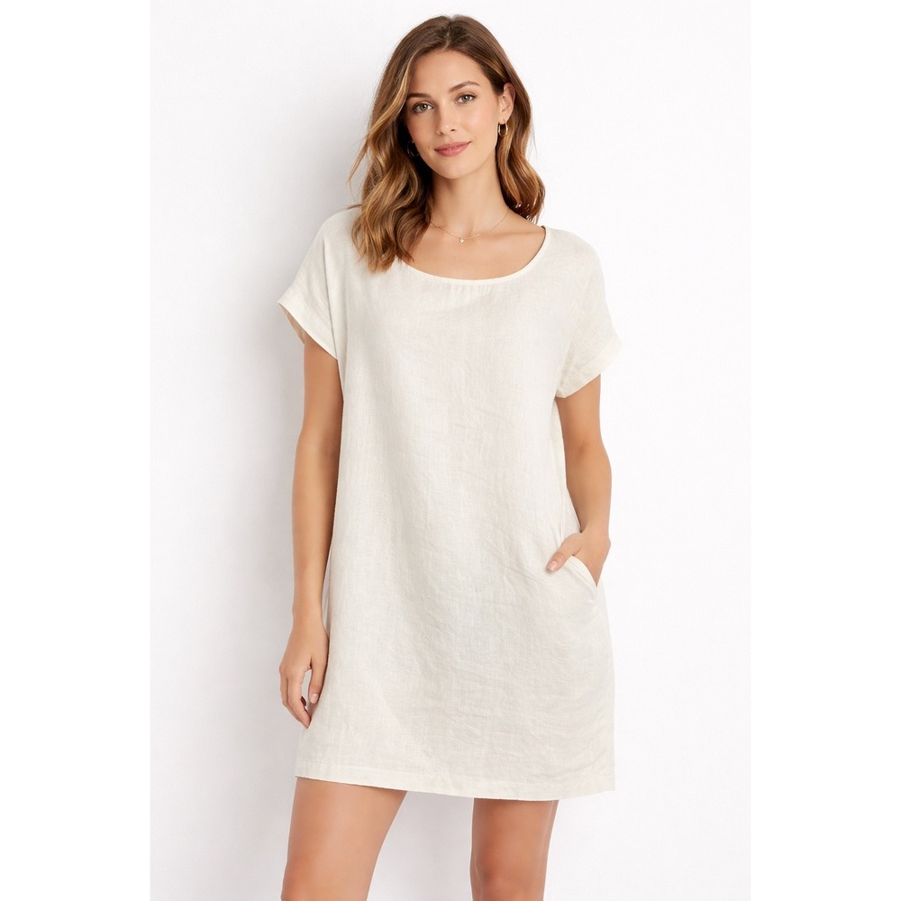 Kate Hill Womens 100% Linen Cotton Lined Scoop Neck Shift Dress Ivory White 16‎